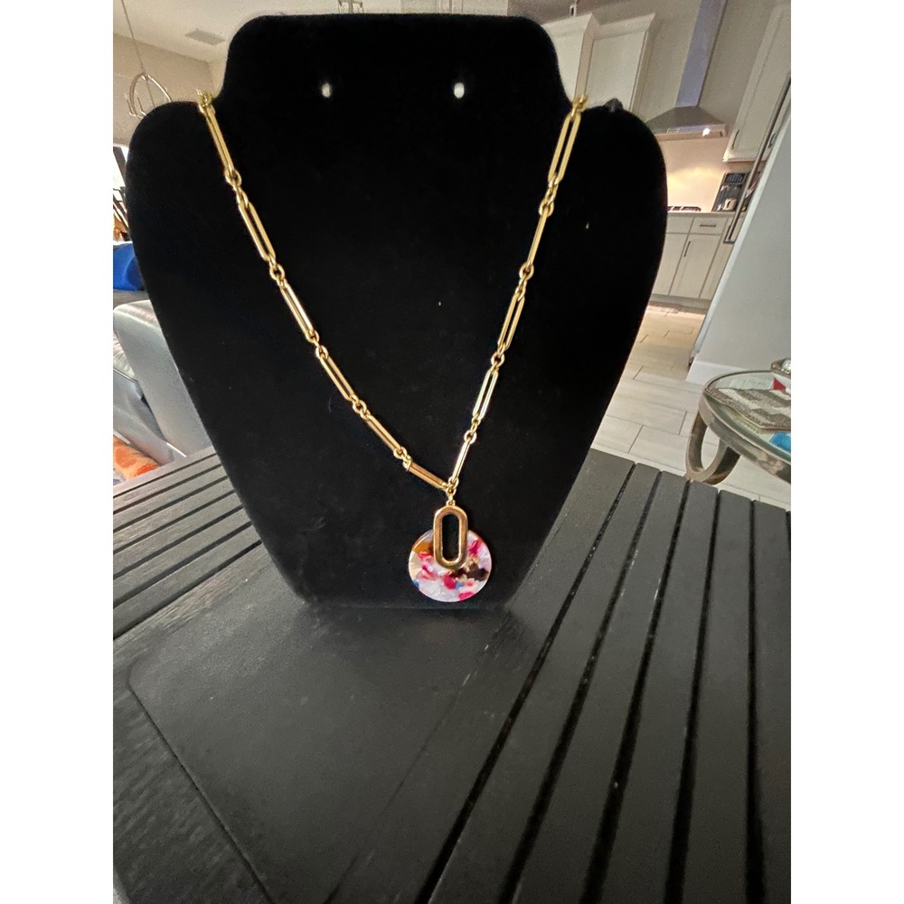 Talbots Gold Tone Paperclip Link Necklace Multi Color Resin Disc Pendant Toggle - Picture 3 of 5